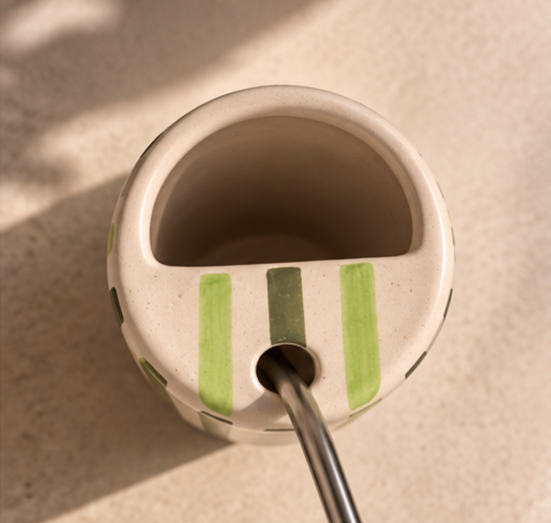 Limca Ceramic Can Tumbler - green striped front view with straw