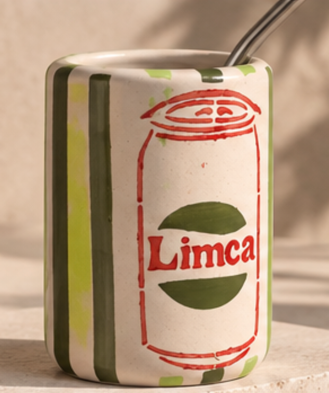 Limca Ceramic Can Tumbler - side angle with Limca artwork