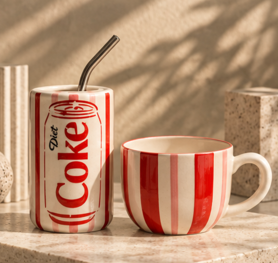 Diet Coke tumbler and mug set side angle view