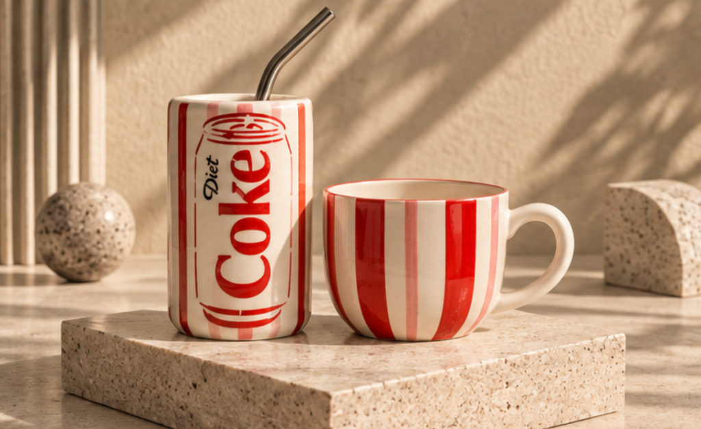 Diet Coke tumbler and mug set on stone platform full view