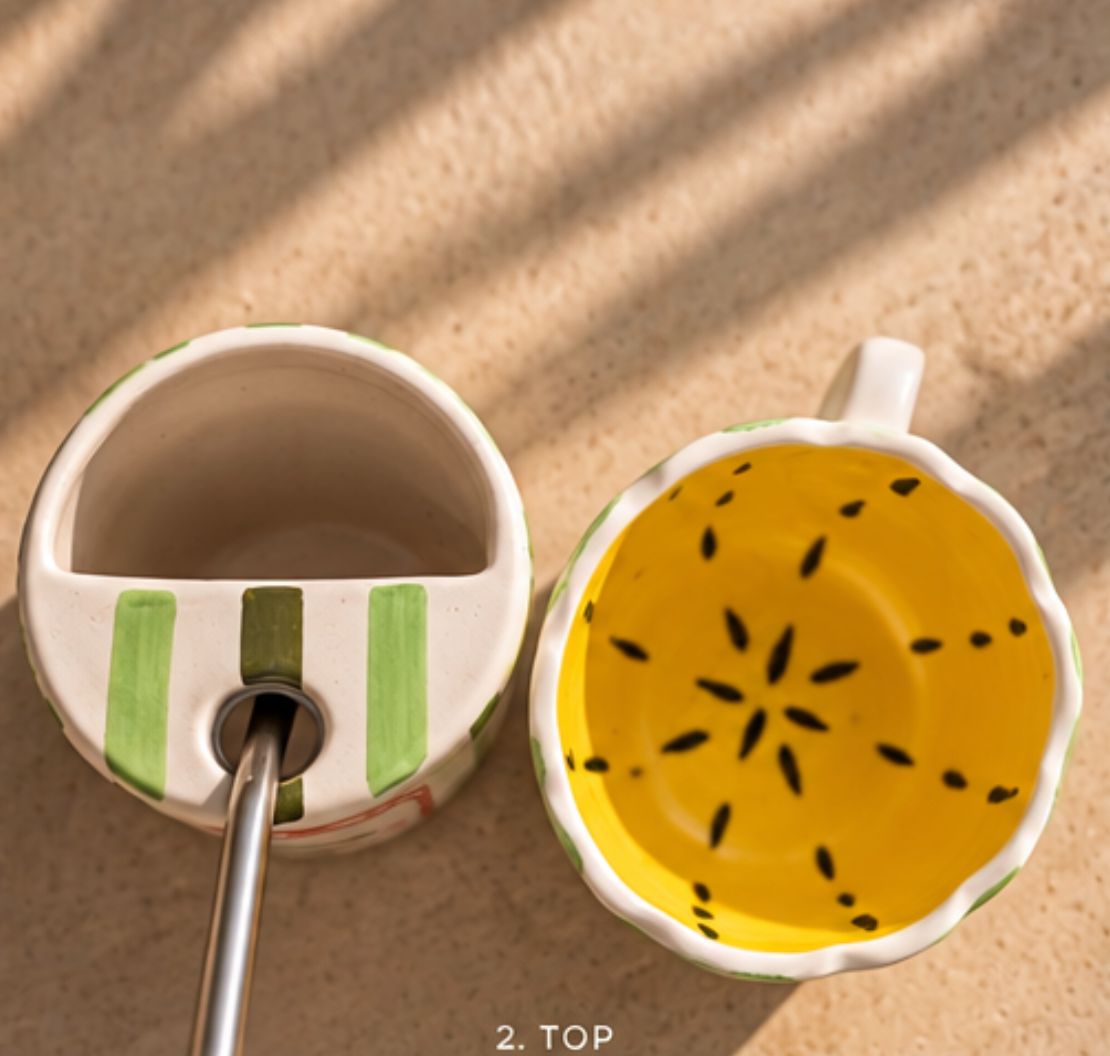 Top view of Limca tumbler and lemon mug showing yellow lemon interior with seeds