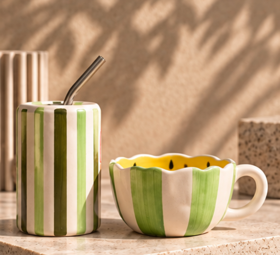 Limca tumbler and lemon mug side view showing green stripe pattern