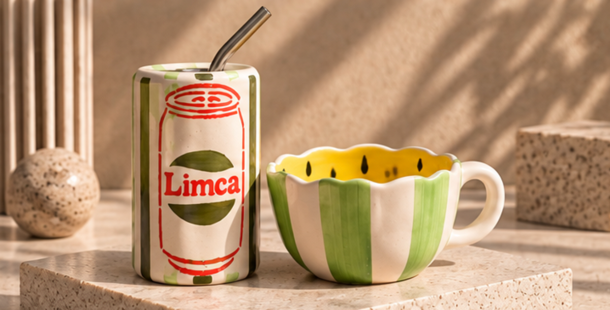Limca ceramic tumbler and lemon mug set full front view