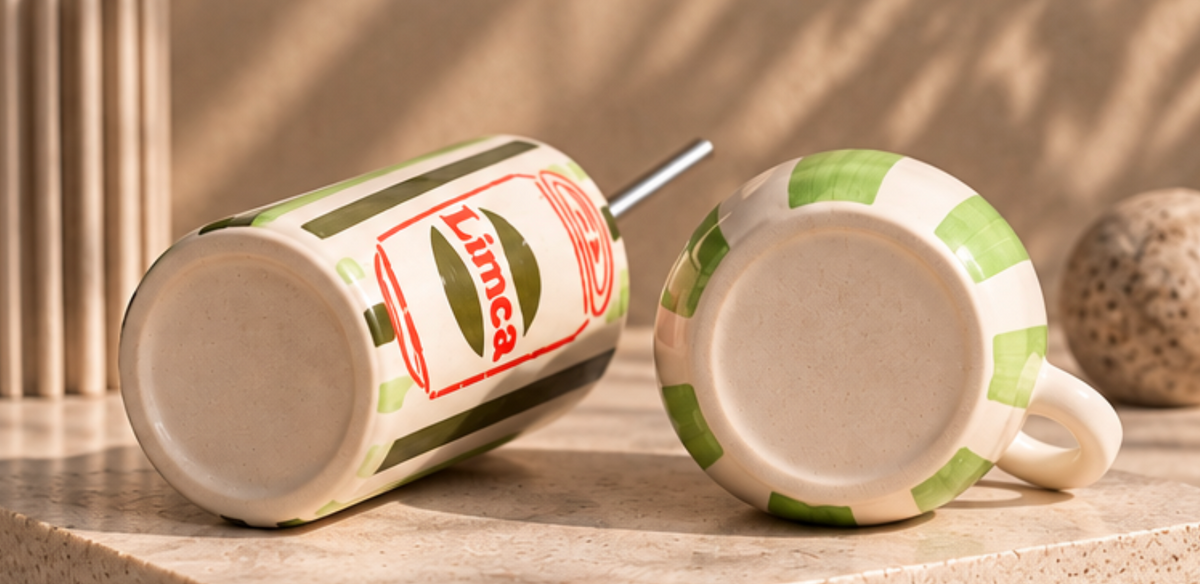 Limca tumbler and lemon mug laying on side showing base and bottom detail