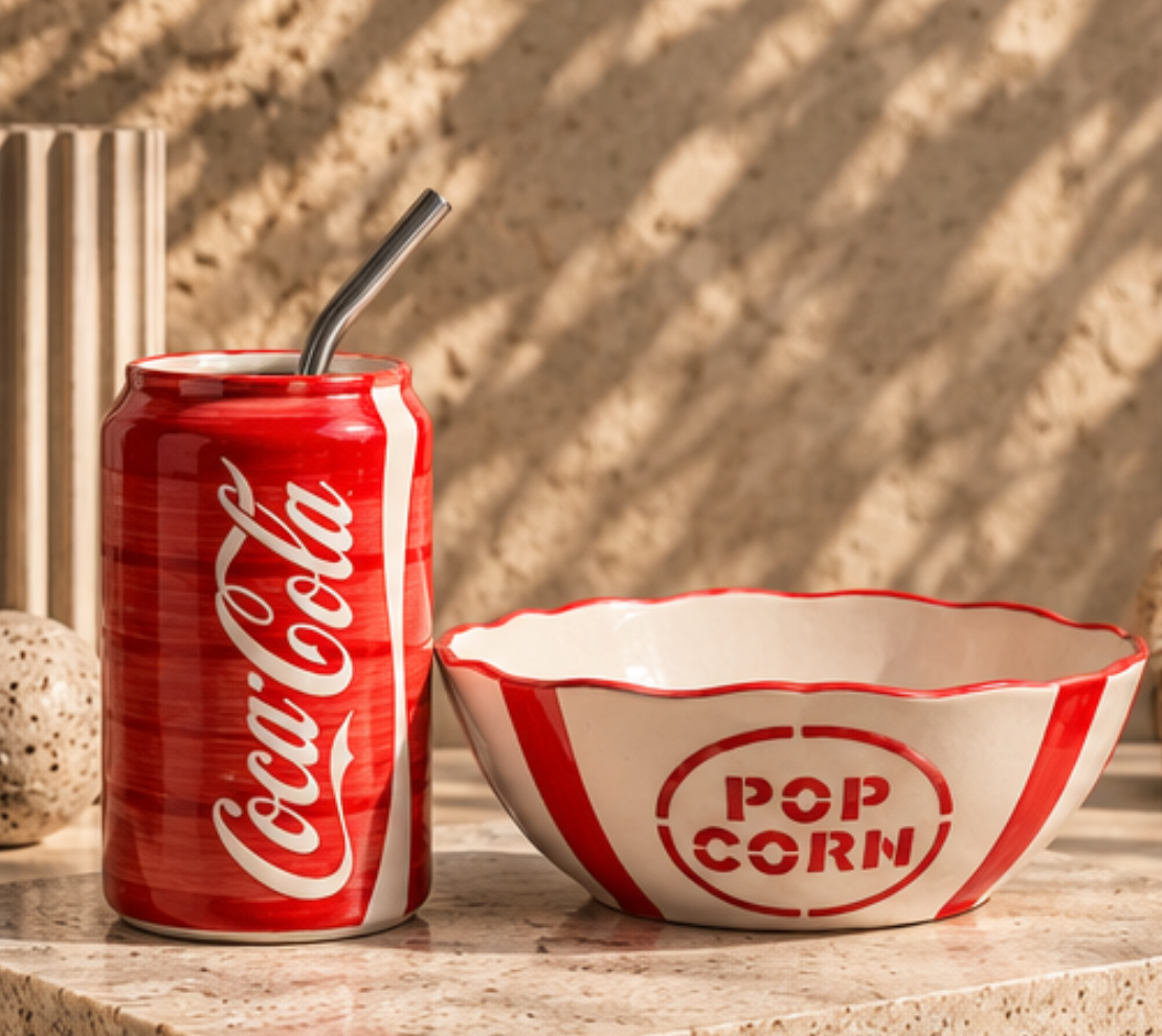 Coca-Cola ceramic tumbler and popcorn bowl set on stone surface