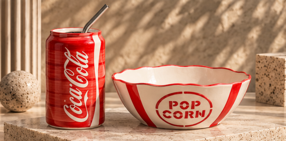 Coca-Cola tumbler and popcorn bowl set on marble platform full view