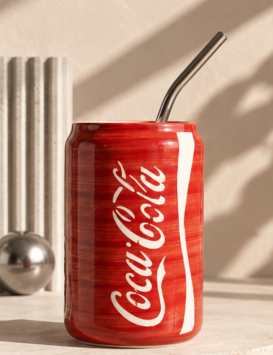 Coca-Cola Ceramic Can Tumbler with stainless steel straw - front view