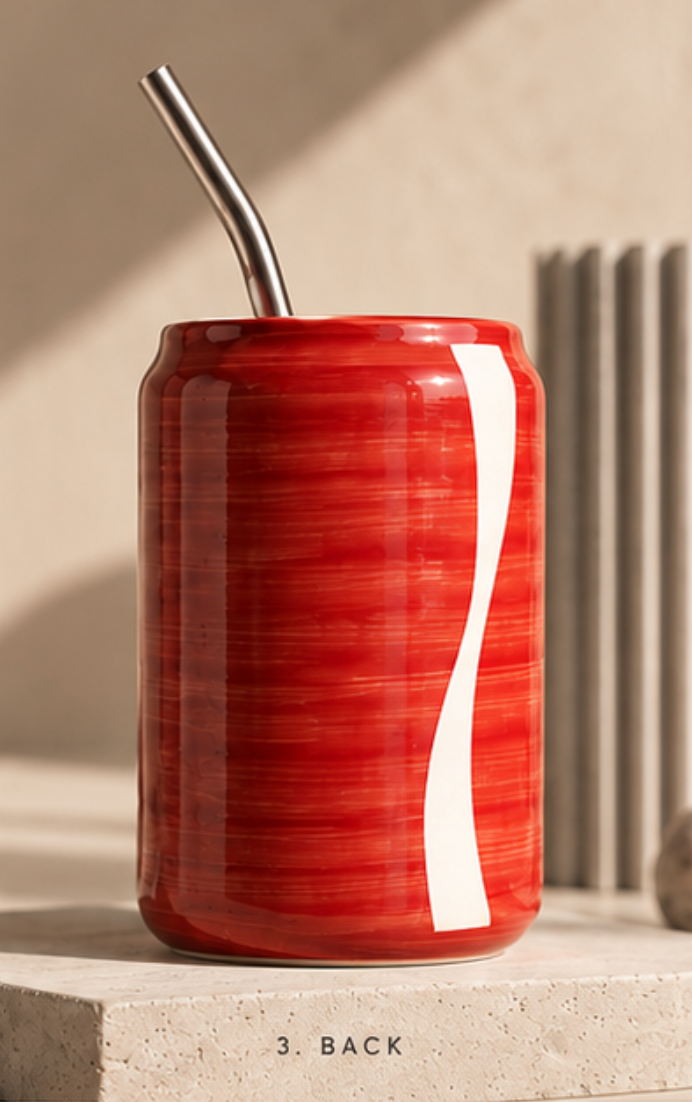 Coca-Cola Ceramic Can Tumbler - side view with straw