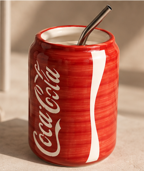 Coca-Cola Ceramic Can Tumbler - top view showing straw opening