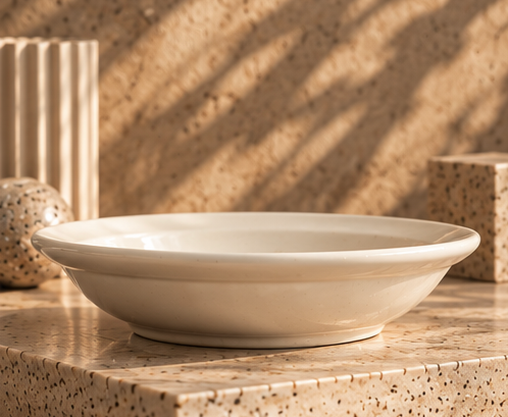 Cream pasta plate with red heart detail in warm sunlight