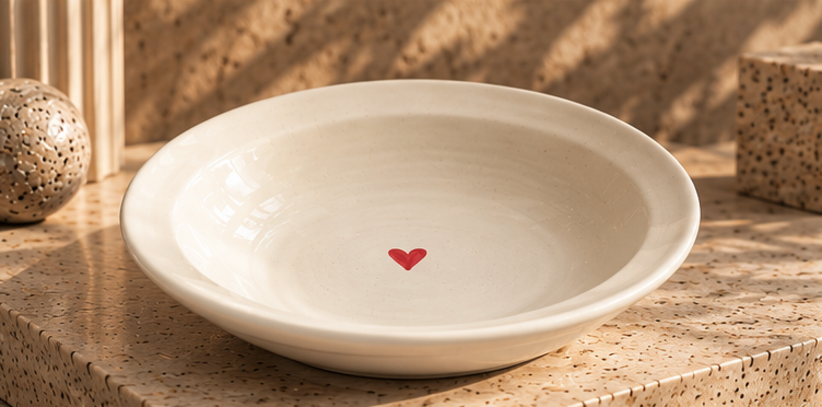 Side profile of cream pasta plate with a softly raised rim