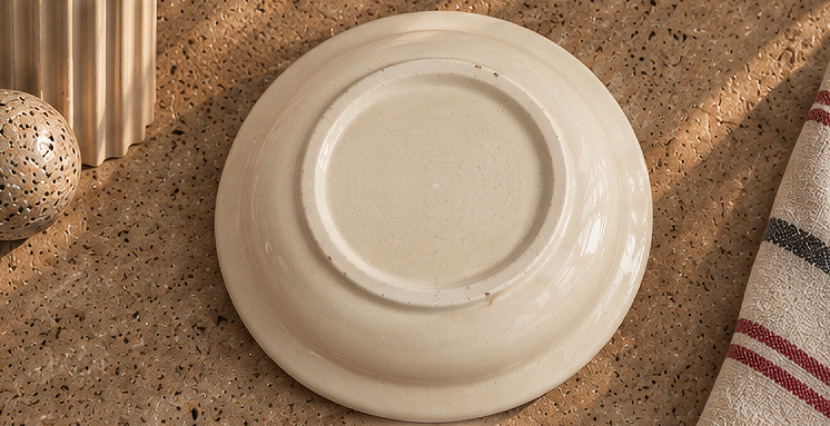 Underside of cream pasta plate showing its raised base