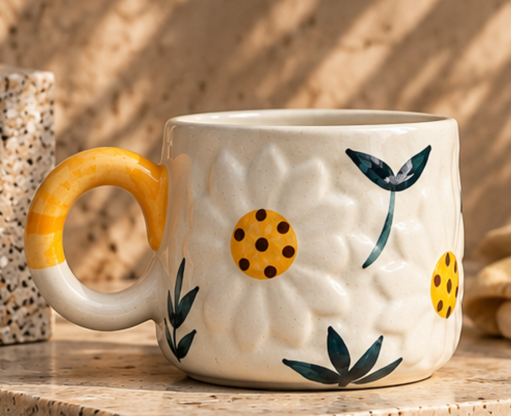 Underside of cream floral ceramic mug with golden handle