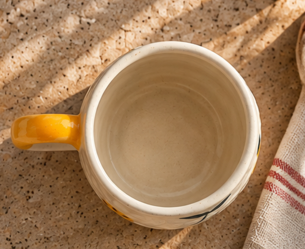 Top view showing the cream interior of a floral ceramic mug