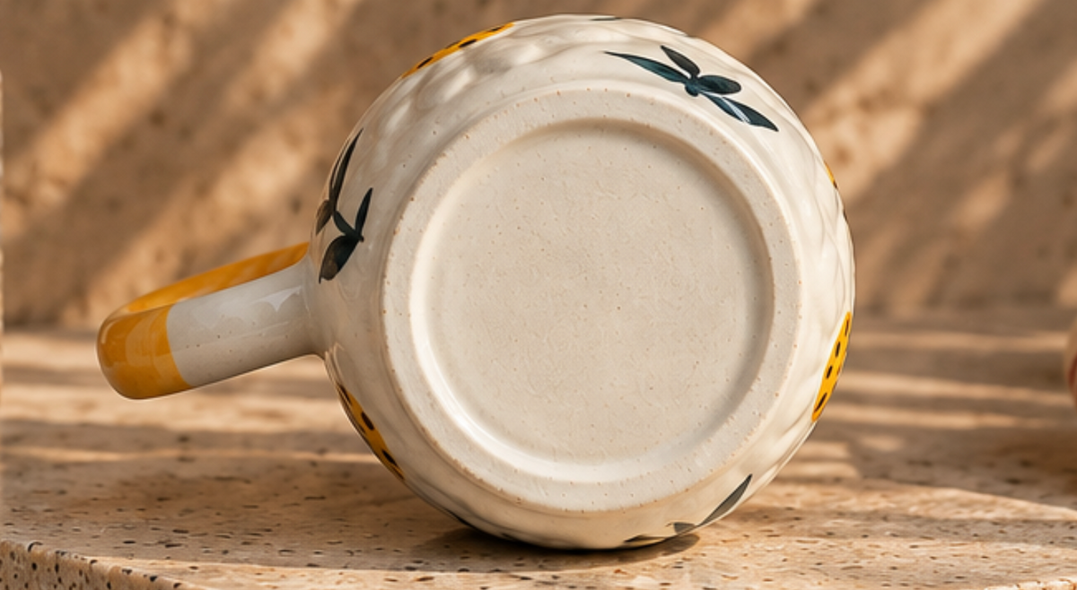 Cream floral ceramic mug with golden handle and botanical artwork