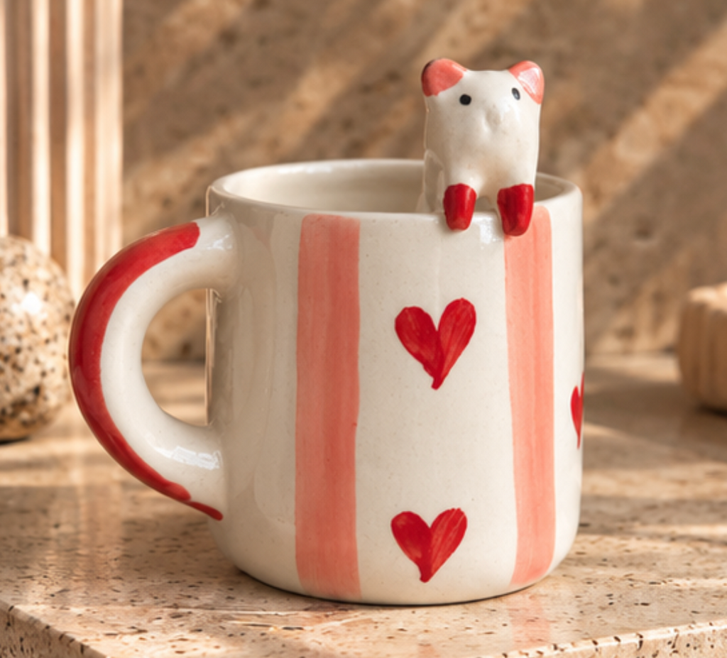 Underside of white Cat Hearts Mug showing its ceramic base