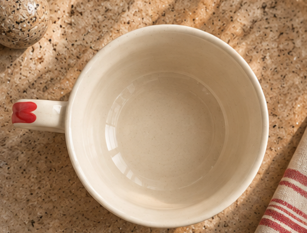 Cream fluted tea cup decorated with red hearts