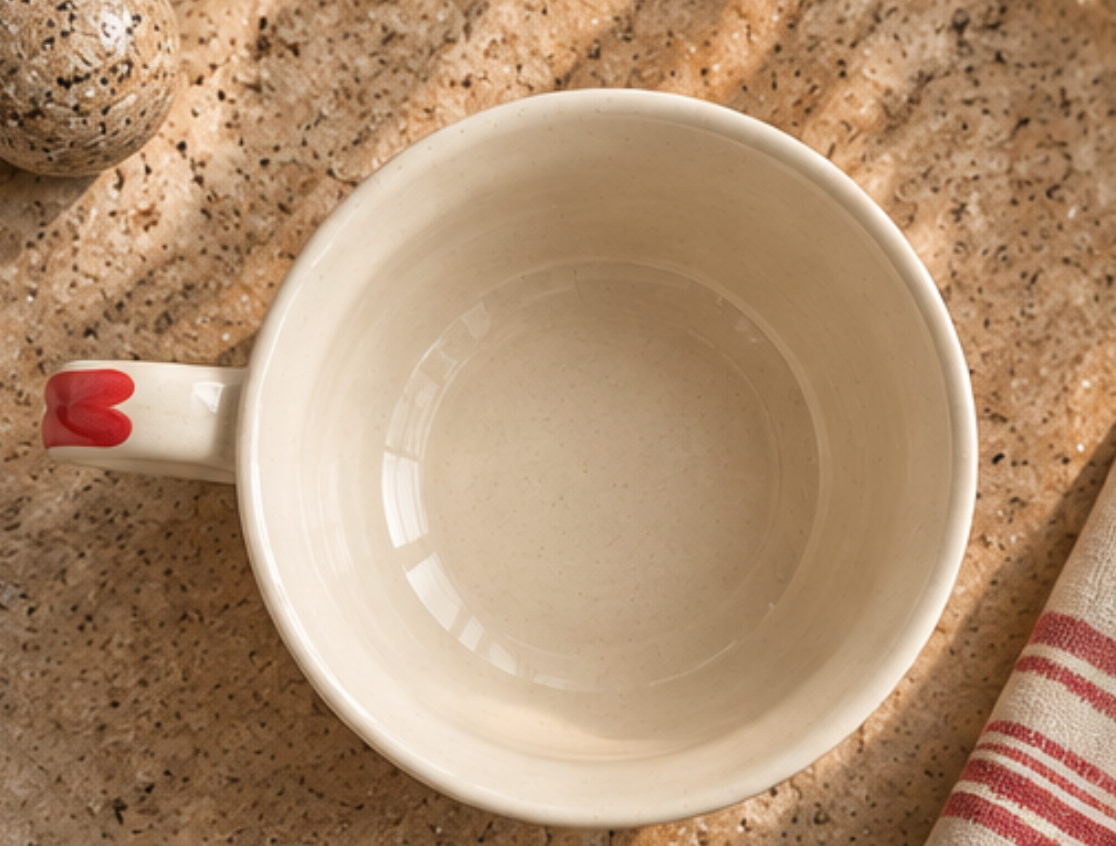 Cream fluted tea cup decorated with red hearts