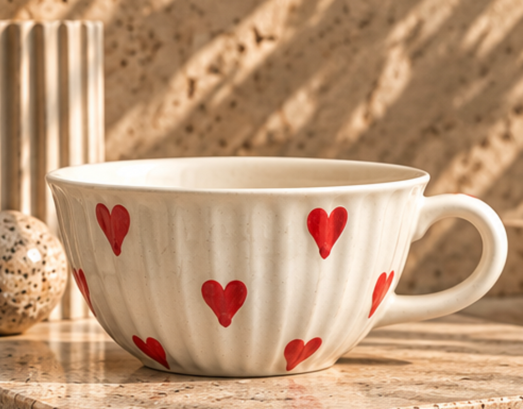 Underside of cream Heart Tea Cup with red heart details