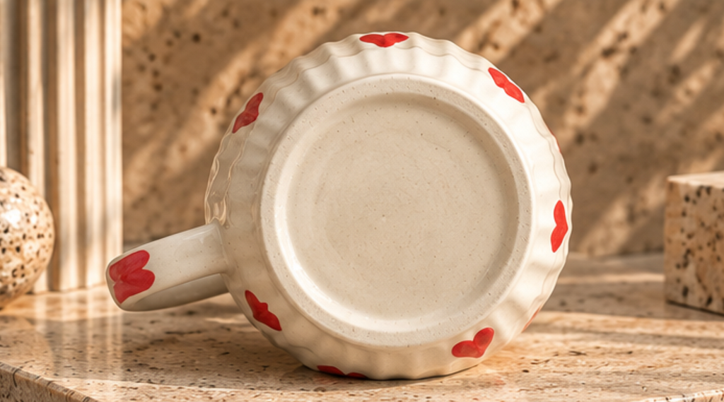 Top view of cream tea cup with red heart on the handle